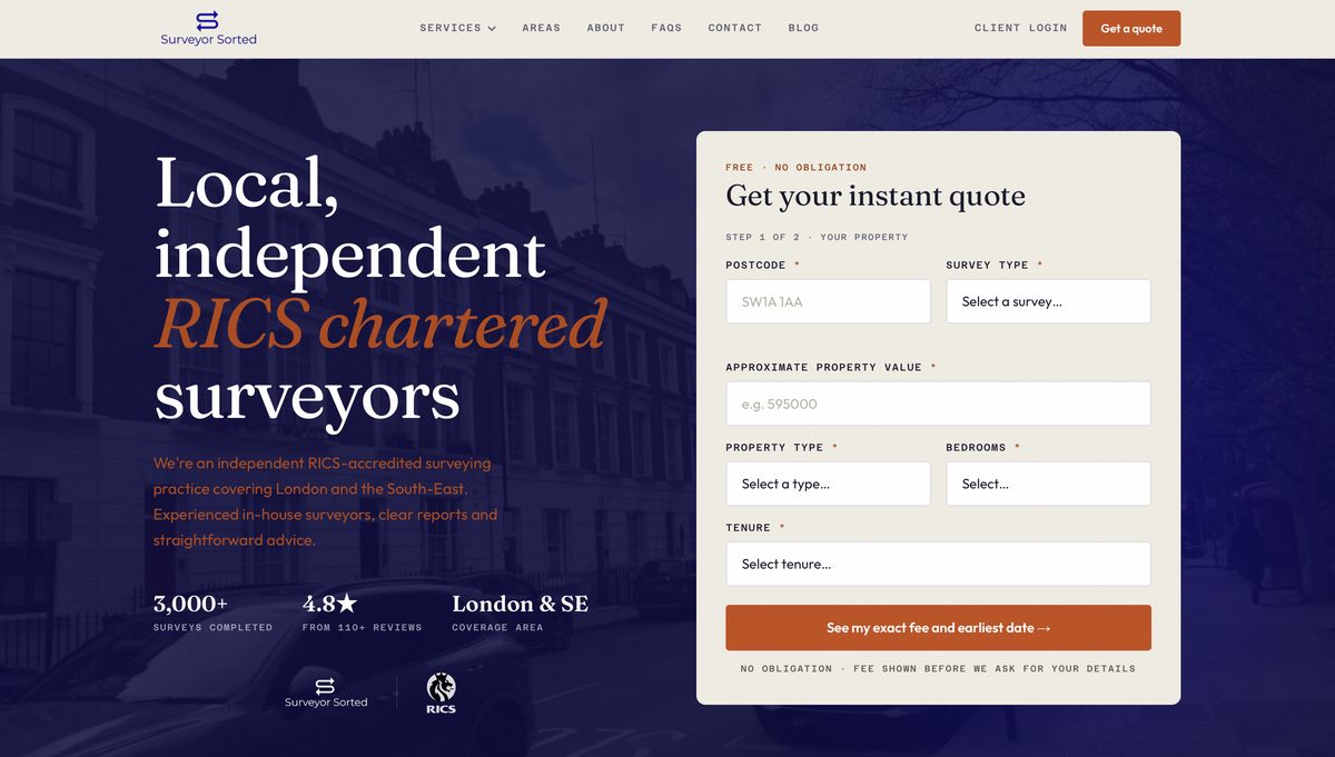 The Surveyor Sorted homepage, with an instant quote form next to the headline